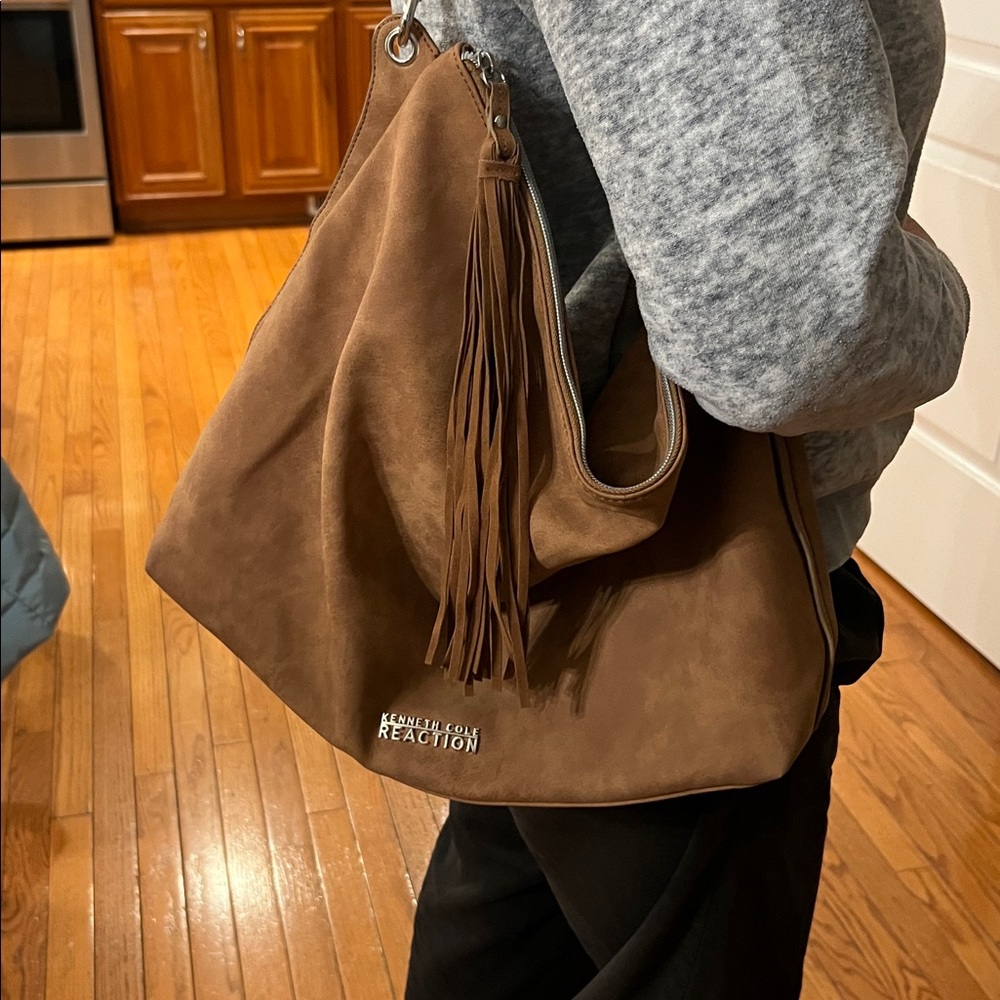 Kenneth Cole , tan , suede texture, large Shoulder Bag with zipper with tassel